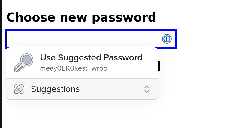 A form to choose a new password, with a prompt to generate a new one.