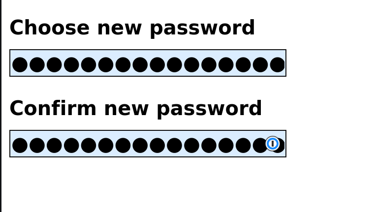 A form to choose a new password, with both the new one and its confirmation filled in.