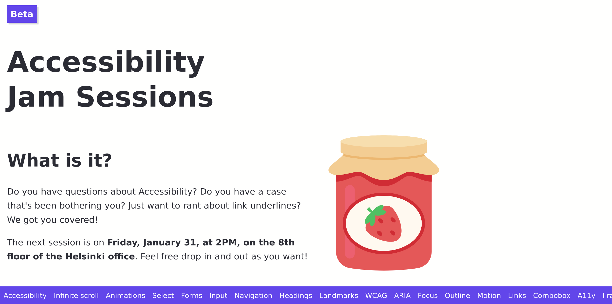 The Accessibility Jam website, complete with an illustration of a jar of jam.